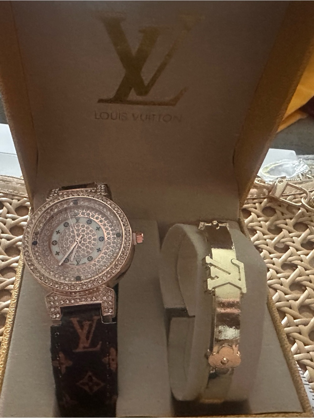Source Unknown Gold Crystal Watch with Brown Monogram Strap & Gold LV Bracelet - Picture 3 of 15